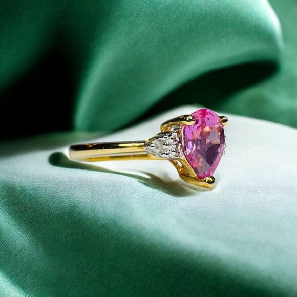 VINTAGE -10K Gold- Pink Sapphire & Diamond Ring -Size 7 Pear Cut Solitaire -2.1g - Picture 9 of 16
